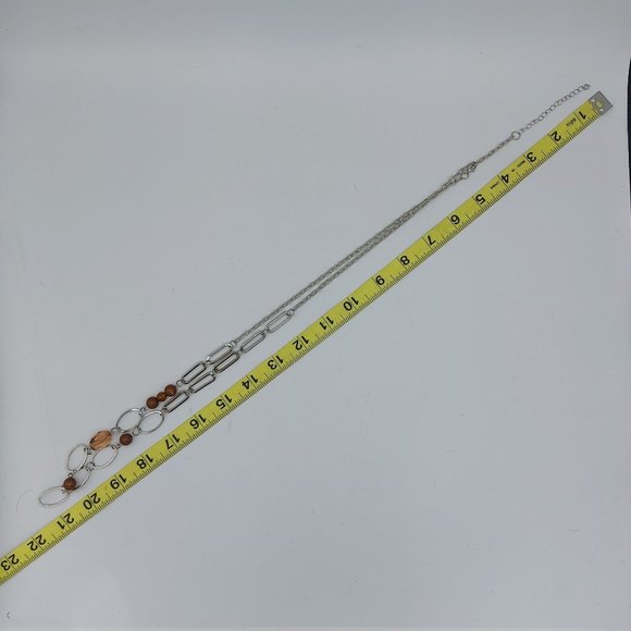 Necklace Silver Toned Large Link Chain Off Set Beads Brown Faceted Amber 40" Lon - Picture 7 of 7